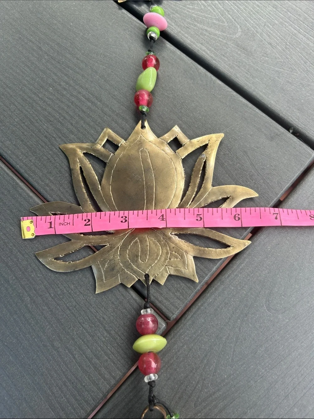 Brass Lotus Bell Wall Hanging with Red and Green Beads